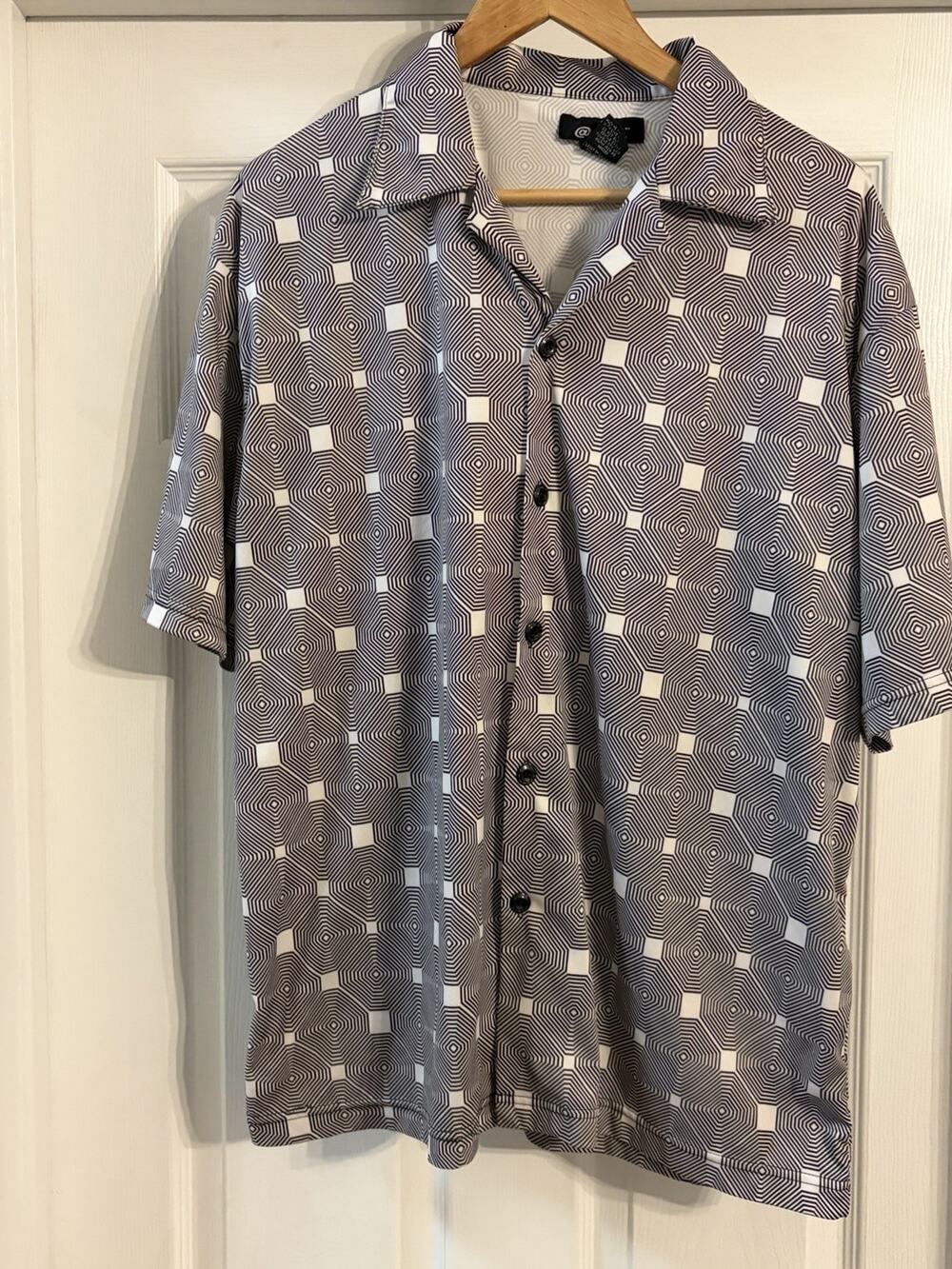 Par Button Front Shirt Men’s Large Brown Beige Geometric Retro Camp Collar